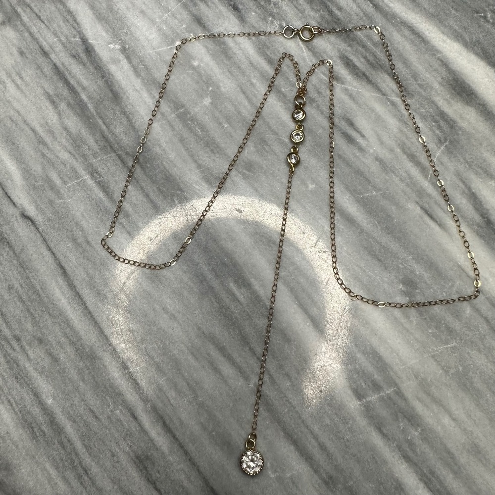 14K Gold Filled Cubic‎ Zirconia Lariat Y-Necklace 18 Inch Drop Pendant